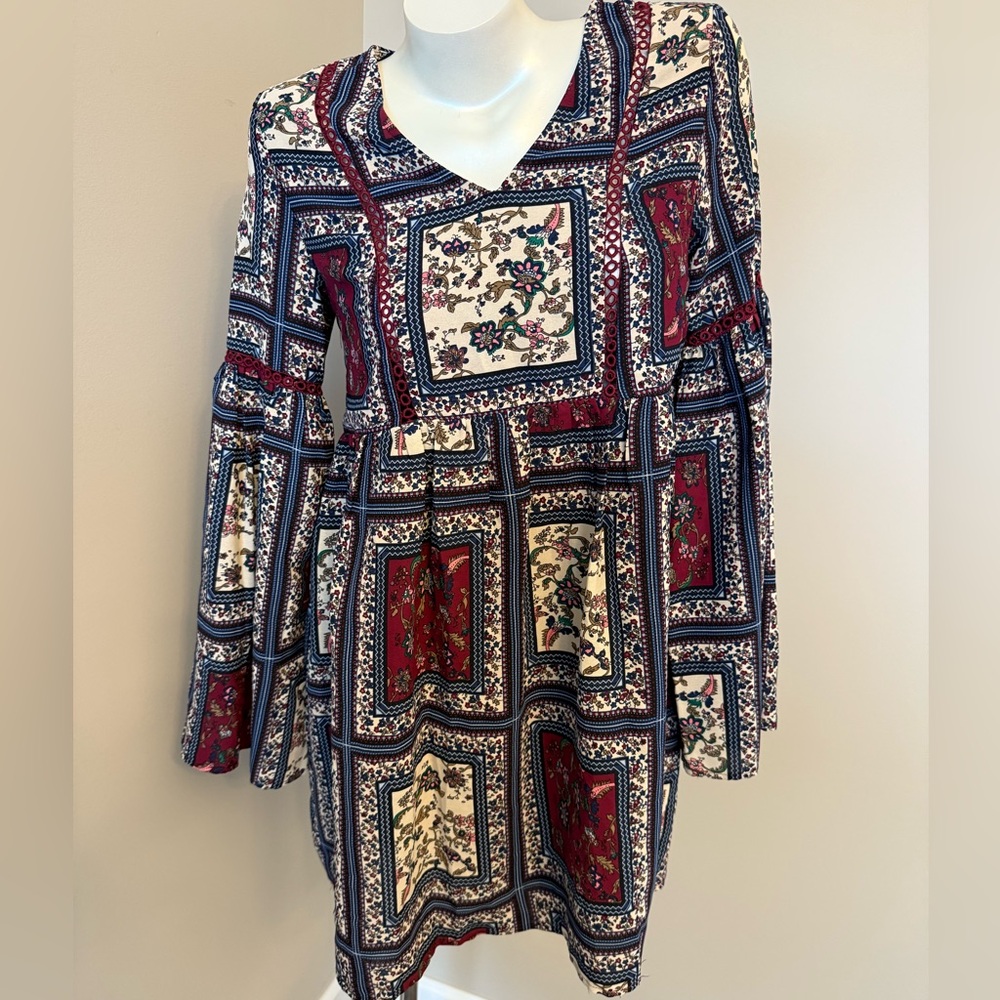 NEW🔥 Alter’d State Sz Small Boho 70s Floral Patchwork Bell Sleeve Mini